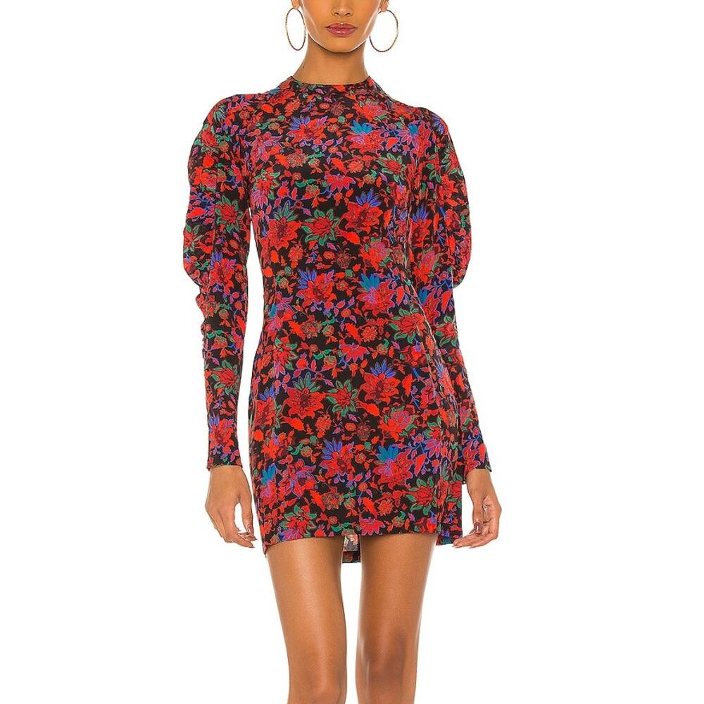 Rag & Bone Stephanie Mini Dress Red Floral 100% Silk Puff Shoulder SZ 4